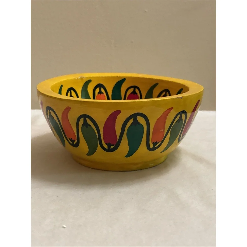 Pedro Marcos Signed Mexican Folk Art Hand Painted Wood Chili Pepper Bowl Yellow